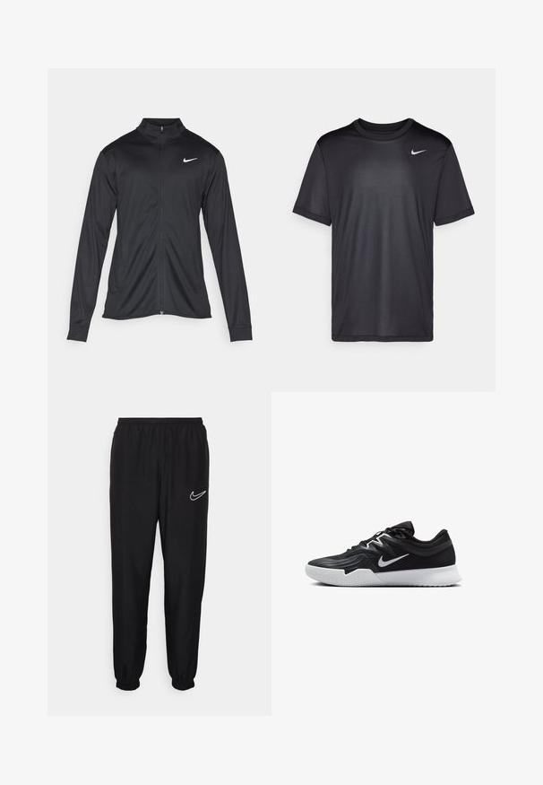 Black athletic jacket with long sleeves, collar, and full zipper. Features a subtle Nike logo in white on the upper left chest. Smooth texture.; Black athletic t-shirt with short sleeves, round neck, made of smooth fabric. Features a small white Nike logo on the upper left.; Black athletic pants with an elastic waistband and cuffs. Features a white Nike logo on the left side. Made of smooth, lightweight material.; Black athletic shoe with a textured upper, white Nike swoosh, and a white rubber outsole. Features a lace-up design and dynamic shape.