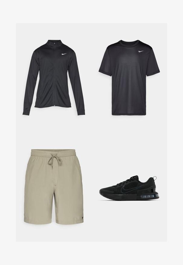 Must värvi sportlik jakk pikkade varrukatega, krae ja täispikk tõmblukk. Ülemises vasakus rinnas on diskreetne valge Nike logo. Sile tekstuur.; Must musta T-särk lühikeste varrukatega, ümmarguse kaelusega, valmistatud siledast kangast. Esipoolt kaunistab väike valge Nike logo vasakul ülaservas.; Beežid lühikesed püksid, millel on elastne vöökoht ja nöör. Sile kangas, klassikaline lõige, küljetaskud ja väike logo alt äärist.; Must must Ameerika must must must must must must must