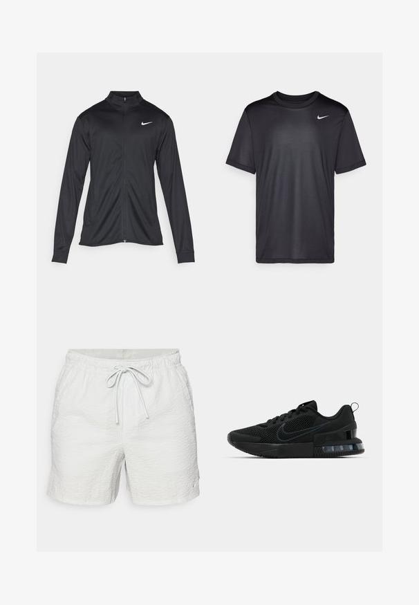 Fekete sportdzseki hosszú ujjal, gallérral és teljes cipzárral. Diszkrét fehér Nike logóval az upper bal mellen. Sima textúra.; Fekete sportpóló rövid ujjakkal, kerek nyakkal, sima anyagból készült. Az elülső bal felső részen egy kis fehér Nike logó található.; Fehér úszónadrág texturált anyagból, rugalmas derekával és zsinóros záródással. Kicsi logó részlet jellemzi.; Fekete Nike sportcipő, hálós felsőrésszel, gumitalppal, párnázott nyakkal és jellegzetes átlátszó sarokbetéttel.
