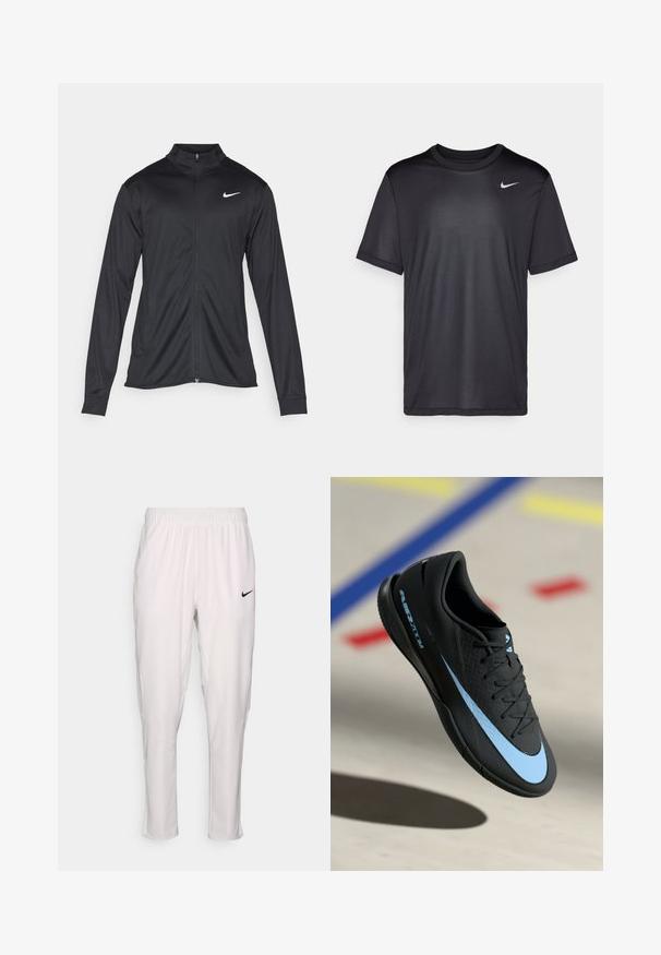 Sort atletisk jakke med lange ærmer, krave og fuld lynlås. Har et diskret Nike-logo i hvidt på den øverste venstre side af brystet. Glat tekstur.; Sort atletisk T-shirt med korte ærmer, rund hals, lavet af glat stof. Har et lille hvidt Nike-logo på øverste venstre side.; Hvide sportbukser med elastisk talje. Har en tætsiddende pasform, glat tekstur og et lille sort Nike-logo på fronten.; Sort atletiksko med blå accenter, tekstureret overflade, snørelukning og det karakteristiske Nike-logo. Gummisål med grebsmønstre.