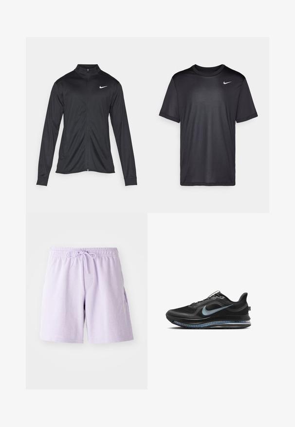 Veste de sport noire à manches longues, avec col et fermeture éclair intégrale. Présente un logo Nike subtil en blanc sur le côté supérieur gauche de la poitrine. Texture lisse.; T-shirt de sport noir à manches courtes, col rond, fabriqué en tissu lisse. Il présente un petit logo Nike blanc en haut à gauche.; Shorts en coton lavande clair avec une taille élastique et un cordon de serrage. Dotés de poches latérales et d'une texture lisse et douce. Longueur mi-cuisse.; Baskets de course noires avec un swoosh Nike bleu, tige en mesh, semelle à coussin d'air visible et design à lacets, vues de côté.