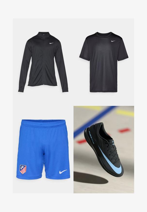 Zwarte sportjack met lange mouwen, kraag en volle rits. Voorzien van een subtiele Nike-logo in het wit op de bovenste linkerborst. Soepele textuur.; Zwart sport T-shirt met korte mouwen, ronde hals, gemaakt van een gladde stof. Bevat een klein wit Nike-logo op de bovenste linkerzijde.; Blauwe sportshorts met een elastische tailleband, met een teamlogo aan de linkerkant en een witte Nike swoosh aan de rechterkant.; Zwarte sportschoen met blauwe accenten, gestructureerd oppervlak, vetersluiting en herkenbaar Nike-logo. Rubberen zool met grippatronen.