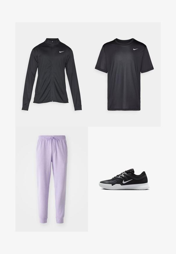 Fekete sportdzseki hosszú ujjal, gallérral és teljes cipzárral. Diszkrét fehér Nike logóval az upper bal mellen. Sima textúra.; Fekete sportpóló rövid ujjakkal, kerek nyakkal, sima anyagból készült. Az elülső bal felső részen egy kis fehér Nike logó található.; Levendula színű melegítőnadrág, rugalmas derékkal és állítható zsinórral. Fokozatosan szűkülő fazon, bordás mandzsettákkal. Puha szövet textúra.; Fekete sportcipő texturált felsőrésszel, fehér Nike logóval és fehér gumitalppal. Fűzős kialakítással és dinamikus formával rendelkezik.