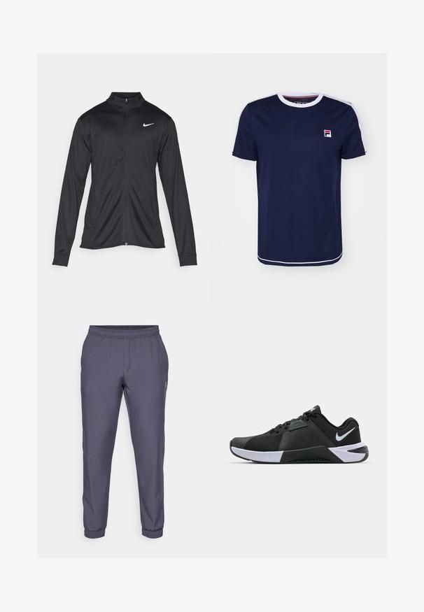 Zwarte sportjack met lange mouwen, kraag en volle rits. Voorzien van een subtiele Nike-logo in het wit op de bovenste linkerborst. Soepele textuur.; Marineblauwe T-shirt met korte mouwen en een witte ronde halsuitsnijding, met rode en witte gestreepte accenten op de schouders en een logo patch.; Grijze sportbroek met een elastische tailleband, tapse pijpen en cuffed hems. Glad textuur en minimale branding aan de zijkant.; Nike Performance METCON 10 - Trainingsschoen - black/white/anthracite