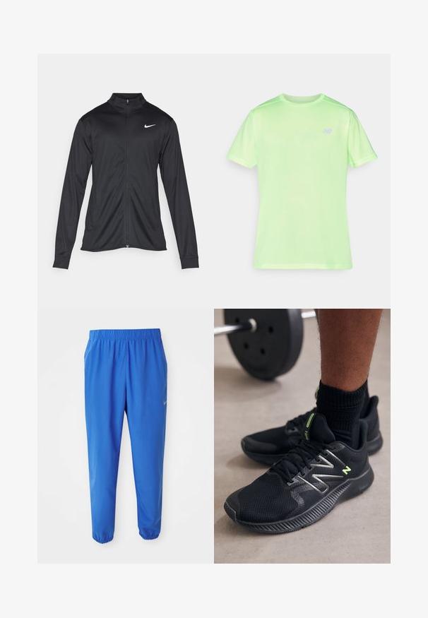 Melna sporta jaka ar garām piedurknēm, apkakli un pilnu rāvējslēdzēju. Uz kreisā krūts augšdaļas ir maigs Nike logo baltā krāsā. Gluda tekstūra.; Gaišzaļš īsajām piedurknēm T-krekls, izgatavots no teksturēta auduma, ar viegli pamanāmu logotipu gaišākā tonī uz krūšu daļas. Apaļa kakla izgriezums.; Zili zili svārki ar elastīgu jostasvietu, taisnas kāju dizainu un sašaurinātām piedurknēm. Ar Nike zīmolu zeltā kreisajā pusē.; Melni sporta apavi, izgatavoti no sieta un sintētiskiem materiāliem, ar atstarojošiem akcentiem un gumijas zoli ar teksturētu saķeri.