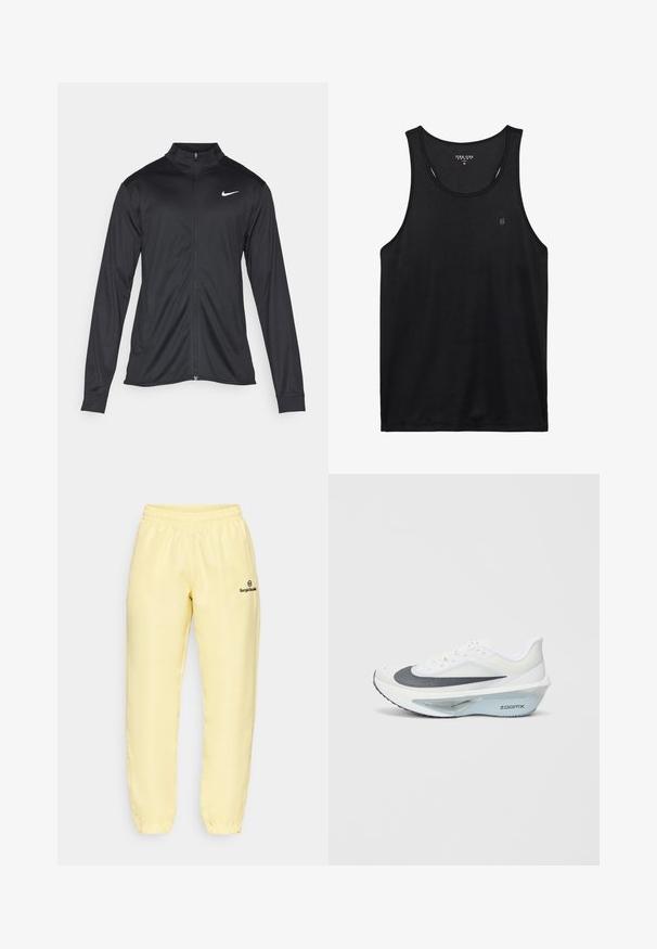 Black athletic jacket with long sleeves, collar, and full zipper. Features a subtle Nike logo in white on the upper left chest. Smooth texture.; Black tank top with a rounded neck and sleeveless design. Made of soft fabric, features a small logo on the left chest and clean stitching.; Yellow track pants made of smooth fabric with an elastic waistband, featuring a small black logo on the left leg and zippered ankle openings.; White athletic shoe with a grey mesh upper, a blue ZoomX foam midsole, and a curved outsole for enhanced propulsion and comfort.