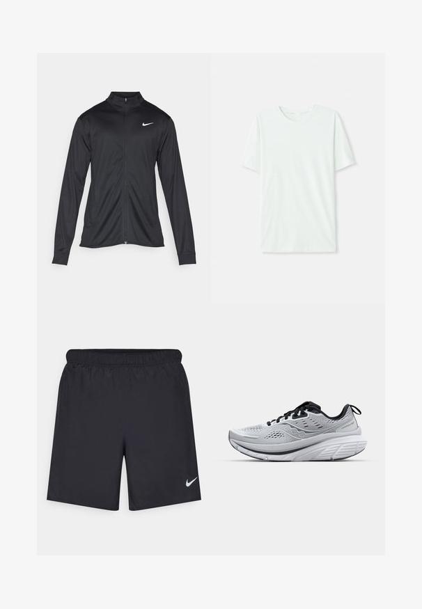 Juodas sportinis švarkas su ilgomis rankovėmis, apykakle ir pilnu užtrauktuku. Yra subtilus baltas Nike logotipas kairėje krūtinės pusėje. Lygus tekstūra.; Šviesiai mėtos žalios spalvos trumpų rankovių marškinėliai, pagaminti iš minkštos medžiagos. Turi apvalią iškirptę ir paprastą tiesų siluetą be dekoro.; Juodos sportinės šortai, pagaminti iš lengvos medžiagos, su elastingu juosmeniu. Ant apatinės kairės pusės yra mažas baltas Nike logotipas.; Lengvi bėgimo bateliai pilkos spalvos tinklelio medžiaga, su paminkštintu apvadu, juodais akcentais ir storu baltu viduriu, turinčiu tekstūruotą sukibimo padą.