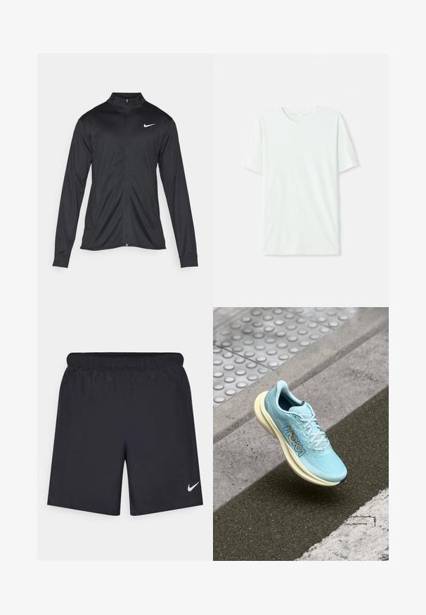 Fekete sportdzseki hosszú ujjal, gallérral és teljes cipzárral. Diszkrét fehér Nike logóval az upper bal mellen. Sima textúra.; Világos menta zöld, rövidujjú póló, puha anyagból készült. Kerek nyakkivágással és egyszerű, egyenes szabással rendelkezik, díszítések nélkül.; Fekete sportnadrág könnyű anyagból, rugalmas derékkal. A bal alsó oldalon egy kis fehér Nike-logó található.; Világoskék futócipő lélegző hálós felsőrésszel, párnázott krém színű középtalppal és narancssárga logóval az oldalon. Lekerekített orr kialakítás.