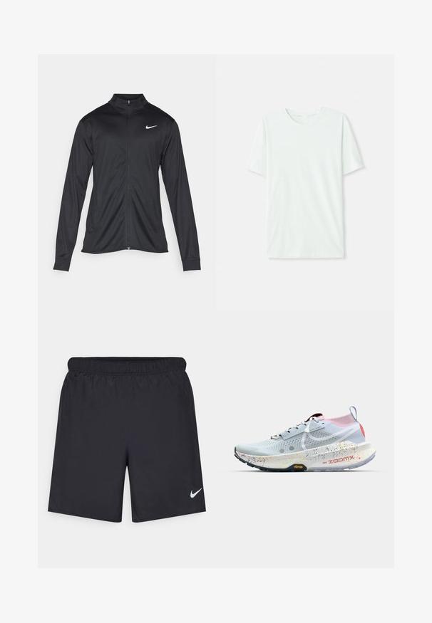Jachetă sportivă neagră cu mâneci lungi, guler și fermoar complet. Prezintă un logo Nike subtil, alb, pe pieptul din stânga sus. Textură netedă.; Tricou scurt, de culoare verde mentă, din țesătură moale. Are un gât rotund și o croială simplă, dreaptă, fără embellishments.; Pantaloni scurți atletici negri, fabricați dintr-un material ușor, cu un talie elastică. Au un mic logo alb Nike în partea stângă jos.; Adidașii de alergare Nike ZoomX în albastru deschis, cu un toc roz și roșu. Prezintă un superior perforat, o talpă intermediară cu pete și o talpă Vibram neagră.