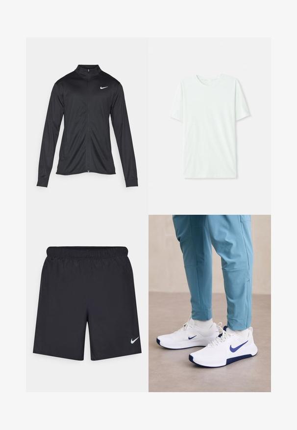 Zwarte sportjack met lange mouwen, kraag en volle rits. Voorzien van een subtiele Nike-logo in het wit op de bovenste linkerborst. Soepele textuur.; Licht mintgroen T-shirt met korte mouwen, gemaakt van zachte stof. Het heeft een ronde halslijn en een simpele, rechte snit zonder versieringen.; Zwarte sportshorts gemaakt van lichtgewicht materiaal met een elastische tailleband. Voorzien van een klein wit Nike-logo aan de onderzijde aan de linkerkant.; Witte sportschoenen met een blauwe Nike swoosh, een gestructureerde bovenkant en blauwe accenten op de zool zijn gecombineerd met lichtblauwe sportbroeken.