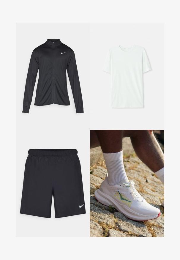 Zwarte sportjack met lange mouwen, kraag en volle rits. Voorzien van een subtiele Nike-logo in het wit op de bovenste linkerborst. Soepele textuur.; Licht mintgroen T-shirt met korte mouwen, gemaakt van zachte stof. Het heeft een ronde halslijn en een simpele, rechte snit zonder versieringen.; Zwarte sportshorts gemaakt van lichtgewicht materiaal met een elastische tailleband. Voorzien van een klein wit Nike-logo aan de onderzijde aan de linkerkant.; HOKA MACH 6 - Hardloopschoenen voor op de weg - white/nimbus cloud
