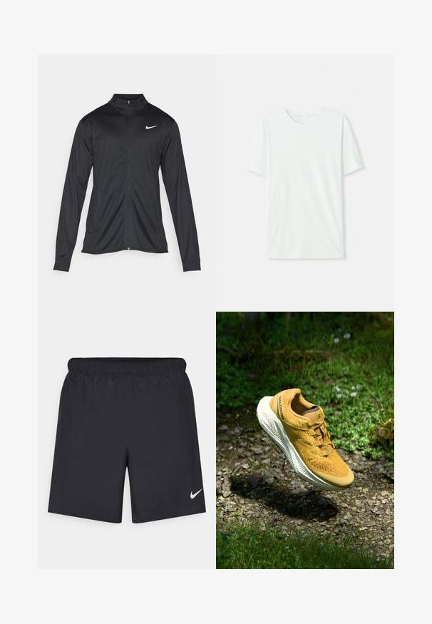 Crna sportska jakna s dugim rukavima, ovratnikom i punim patentnim zatvaračem. Ima suptilan Nike logo u bijeloj boji na gornjem lijevom dijelu prsne oznake. Glatka tekstura.; Svijetlo mint zelena majica kratkih rukava izrađena od mekog materijala. Ima okrugli vrat i jednostavan, ravni kroj bez ukrasa.; Crne atletske kratke hlače od laganog materijala s elastičnom tačkom. Imaju mali bijeli Nike logo na donjoj lijevoj strani.; Žute Salomon tenisice za trčanje lebde iznad šljunčanog puta okruženog zelenom travom i malim divljim cvijećem u prirodnom svjetlu.