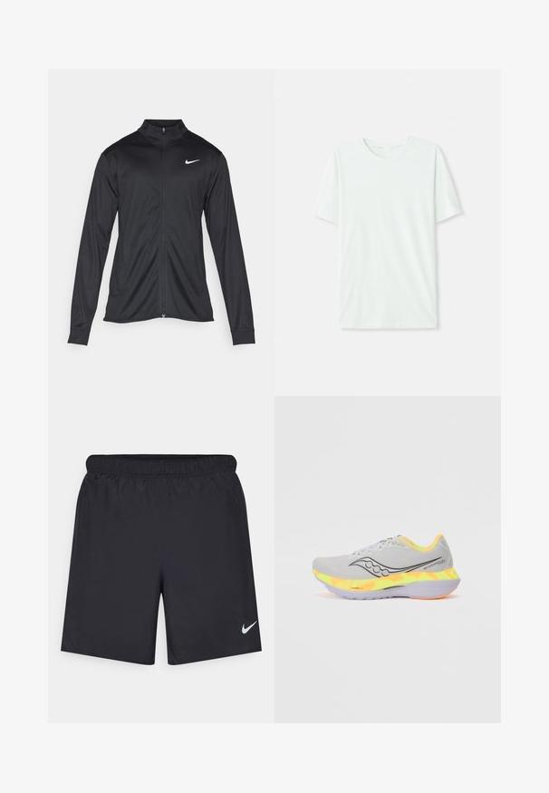 Must värvi sportlik jakk pikkade varrukatega, krae ja täispikk tõmblukk. Ülemises vasakus rinnas on diskreetne valge Nike logo. Sile tekstuur.; Heleheline mintroheline lühikeste varrukatega t-särk, mis on valmistatud pehmest kangast. Omab ümmargust kaelust ja lihtsat, sirget lõiget ilma kaunistusteta.; Mustad mustikud lühikesed püksid, mis on valmistatud kergest materjalist ja millel on elastne vöökoht. Alumisel vasakul küljel on väike valge Nike logo.; Heled hall jooksujalats, millel on võrgust pealis, must logo ja värvikas kollase ja oranži gradient vaheosa. Kummist tald haardeks.