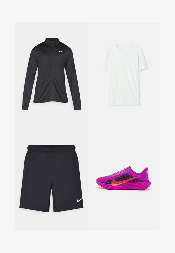 Black athletic jacket with long sleeves, collar, and full zipper. Features a subtle Nike logo in white on the upper left chest. Smooth texture.; Light mint green short-sleeve t-shirt made of soft fabric. Features a crew neckline and a simple, straight cut without embellishments.; Black athletic shorts made of lightweight material with an elastic waistband. Features a small white Nike logo on the lower left side.; Nike ZoomX running shoe in vivid pink with black mesh detailing. Features purple accents, round laces, and a textured outsole for grip.