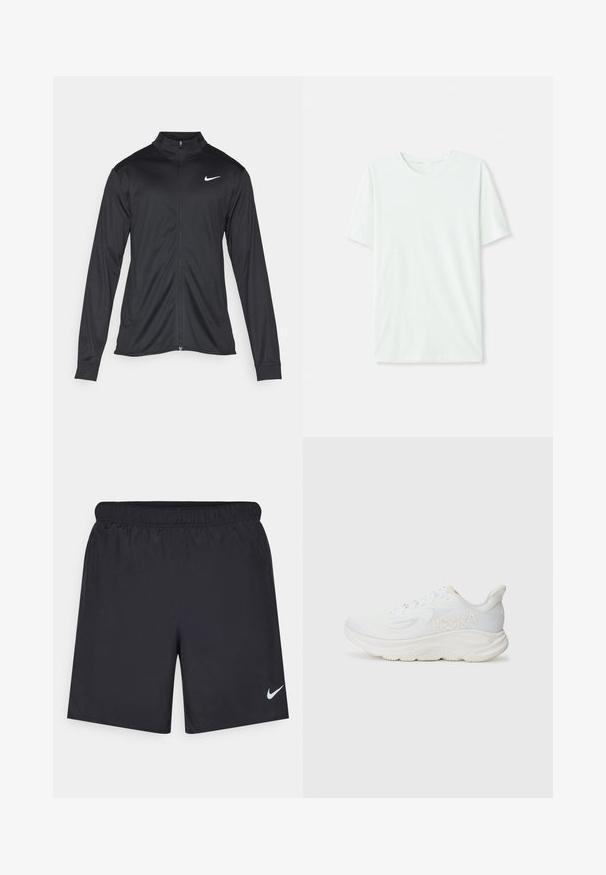 Chaqueta atlética negra con mangas largas, collar y cremallera completa. Presenta un sutil logo de Nike en blanco en la parte superior izquierda del pecho. Textura suave.; Camiseta de manga corta en verde menta claro, hecha de tela suave. Presenta un cuello redondo y un corte recto simple, sin adornos.; Pantalones cortos deportivos negros hechos de un material ligero con una cintura elástica. Presenta un pequeño logo blanco de Nike en la parte inferior izquierda.; Zapatilla de running blanca con parte superior de malla texturizada, suela gruesa y acolchada, y logotipo en relieve en el costado. Diseño de cordones para un ajuste seguro.