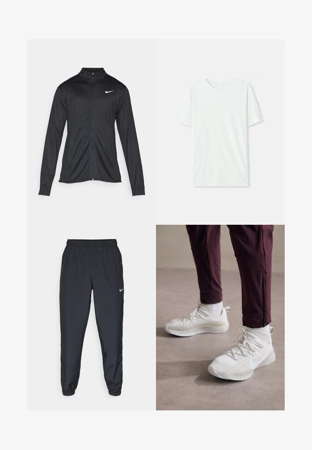 Svart idrettsjakke med lange ermer, krage og full glidelås. Har en subtil Nike-logo i hvitt på øvre venstre bryst. Glatt tekstur.; Lys myntgrønn kortermet t-skjorte laget av myk stoff. Har en rund halslinning og en enkel, rett snitt uten pynt.; Svarte joggebukser laget av lett stoff med elastisk midje, ankelmanchetter og en diskret Nike-logo på venstre side.; Hvite joggesko med teksturert overflate, med grå detaljer, flate snører og Nike-logo, kombinert med maroon treningsbukser og hvite sokker.