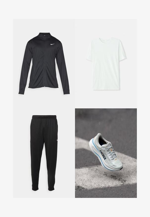 Black athletic jacket with long sleeves, collar, and full zipper. Features a subtle Nike logo in white on the upper left chest. Smooth texture.; Light mint green short-sleeve t-shirt made of soft fabric. Features a crew neckline and a simple, straight cut without embellishments.; Black athletic pants made of smooth fabric, featuring an elastic waistband, tapered legs, and a small white logo on the left side.; Light gray running shoe featuring a breathable mesh upper, orange accents, and a thick white midsole with a blue trim. Lightweight design.