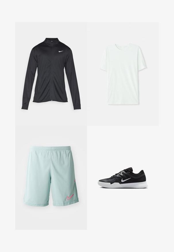 Juodas sportinis švarkas su ilgomis rankovėmis, apykakle ir pilnu užtrauktuku. Yra subtilus baltas Nike logotipas kairėje krūtinės pusėje. Lygus tekstūra.; Šviesiai mėtos žalios spalvos trumpų rankovių marškinėliai, pagaminti iš minkštos medžiagos. Turi apvalią iškirptę ir paprastą tiesų siluetą be dekoro.; Šviesiai mėlyni atletiniai šortai su tinklinio tekstūra, turintys rožinę Nike logotipą kairėje pusėje ir elastingą juosmenį.; Juodos sportinės bateliai su tekstūruota viršutine dalimi, balta Nike swoosh ir balta gumine išorine dalimi. Yra su raištelių užsegimo dizainu ir dinamine forma.