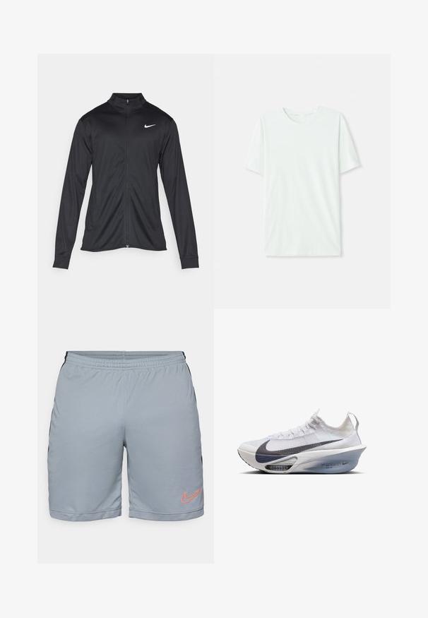 Melna sporta jaka ar garām piedurknēm, apkakli un pilnu rāvējslēdzēju. Uz kreisā krūts augšdaļas ir maigs Nike logo baltā krāsā. Gluda tekstūra.; Gai mints zaļš īsu piedurkņu T-krekls, izgatavots no mīkstas auduma. Tam ir apaļa kakla izgriezuma forma un vienkāršs, taisns griezums bez rotājumiem.; Gaiši pelēki sporta šorti ar melnām sānu paneļiem, elastīgu jostu un teksturētu acs apakšmalu. Uz kreisā kāja atrodas oranžs Nike logo.; Nike skriešanas apavi baltā tekstilā ar pelēku swoosh, plāns formas dizains, caurspīdīga starpzole un redzamā gaisa amortizācija.
