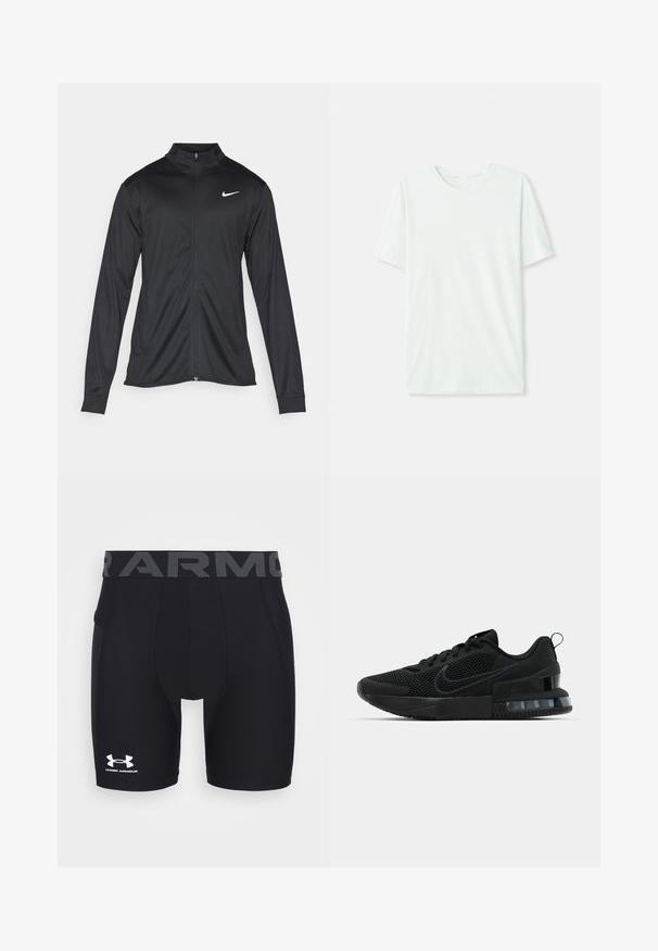 Černá sportovní bunda s dlouhými rukávy, límcem a plným zipem. Má decentní bílou logo značky Nike na horní levé části hrudi. Hladká textura.; Světle máková zelená krátkosrstá tričko vyrobené z měkké tkaniny. Má kulatý výstřih a jednoduchý, rovný střih bez ozdob.; Černé sportovní kompresní šortky s přiléhavým střihem, elastickým pasem s nápisem "ARMOUR" v šedé barvě a bílým logem Under Armour.; Černá atletická bota Nike s vrchní částí z technické síťoviny, gumovou podrážkou, polstrovaným límcem a výrazným průhledným akcentem na patě.