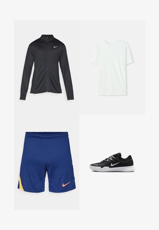 Chaqueta atlética negra con mangas largas, collar y cremallera completa. Presenta un sutil logo de Nike en blanco en la parte superior izquierda del pecho. Textura suave.; Camiseta de manga corta en verde menta claro, hecha de tela suave. Presenta un cuello redondo y un corte recto simple, sin adornos.; Pantalones cortos deportivos azul marino con detalle lateral amarillo y logo de Nike en color rosa en la pierna derecha, con cintura elástica.; Zapatilla deportiva negra con parte superior texturizada, logo de Nike en blanco y suela de goma blanca. Tiene un diseño con cordones y una forma dinámica.
