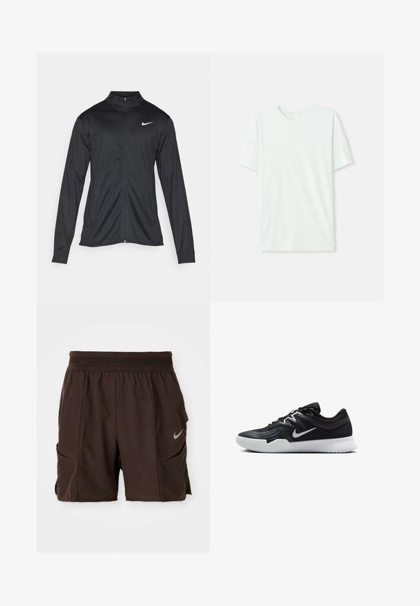 Čierna športová bunda s dlhými rukávmi, golierom a plným zipsom. Obsahuje nenápadné logo Nike v bielej farbe na hornej ľavej hrudi. Hladká textúra.; Svetlo mentolová kráťacia tričko s krátkym rukávom vyrobené z jemnej látky. Má okrúhly výstrih a jednoduchý, rovný strih bez ozdôb.; Tmavohnedé športové šortky s elastickým pásom, bočnými vreckami a reflexným logom Nike na pravej nohe.; Čierna športová topánka s textúrovaným zvrškom, bielym logom Nike a bielou gumovou podrážkou. Má šnurovací dizajn a dynamický tvar.