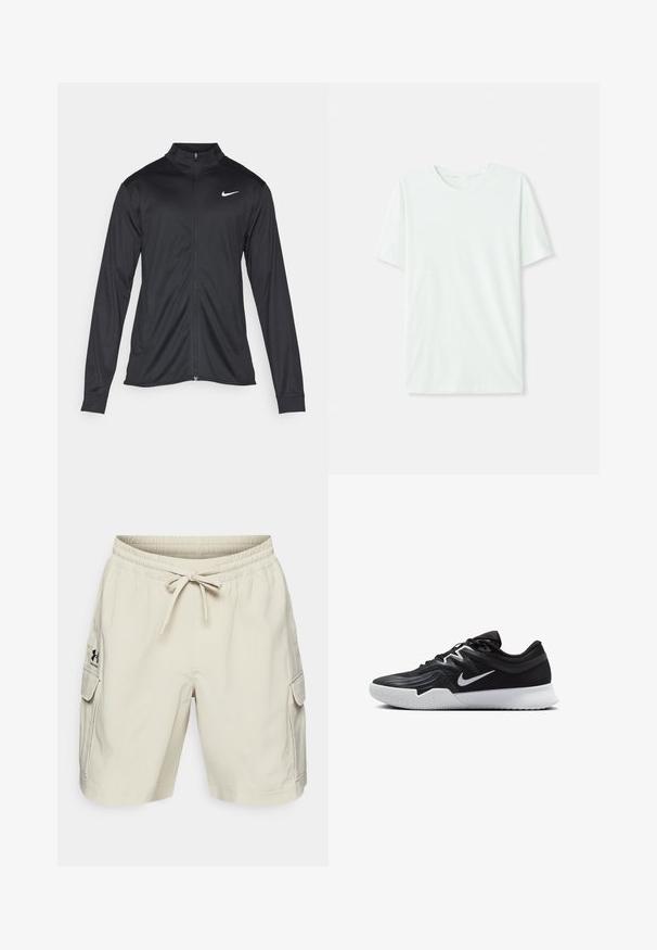 Must värvi sportlik jakk pikkade varrukatega, krae ja täispikk tõmblukk. Ülemises vasakus rinnas on diskreetne valge Nike logo. Sile tekstuur.; Heleheline mintroheline lühikeste varrukatega t-särk, mis on valmistatud pehmest kangast. Omab ümmargust kaelust ja lihtsat, sirget lõiget ilma kaunistusteta.; Bežid värvusega cargo lühikesed püksid elastse vöökoha ja nööriga. Omavad kahte külgpocketit ja logo vasakul küljel. Sile kangatekstuur.; Must mustad jalanikesad rikaste ülaservaga, valge Nike swoosh'i ja valge kummist välispõhjaga. Omab paeltega sulgemisdetaili ja dünaamilist kuju.