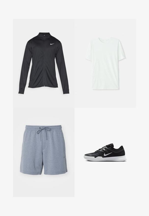 Schwarze Sportjacke mit langen Ärmeln, Kragen und voller Reißverschluss. Verfügt über ein dezentes Nike-Logo in Weiß auf der oberen linken Brust. Glatte Textur.; Helles mintgrünes T-Shirt mit kurzen Ärmeln aus weichem Stoff. Es hat einen Rundhalsausschnitt und einen schlichten, geraden Schnitt ohne Verzierungen.; Graue Sportshorts aus einem weichen, atmungsaktiven Stoff. Verfügt über einen elastischen Bund mit Kordelzug und seitlichen Taschen.; Schwarzer Sportschuh mit strukturiertem Obermaterial, weißem Nike-Warenzeichen und einer weißen Gummisohle. Verfügt über ein Schnürdesign und eine dynamische Form.