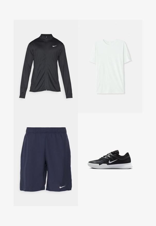Černá sportovní bunda s dlouhými rukávy, límcem a plným zipem. Má decentní bílou logo značky Nike na horní levé části hrudi. Hladká textura.; Světle máková zelená krátkosrstá tričko vyrobené z měkké tkaniny. Má kulatý výstřih a jednoduchý, rovný střih bez ozdob.; Námořnické sportovní šortky vyrobené z hladké látky s elastickým pasem a bílým logem Nike na dolní levé noze.; Černá atletická bota s texturovaným svrškem, bílým logem Nike a bílou gumovou podrážkou. Disponuje šněrovacím designem a dynamickým tvarem.