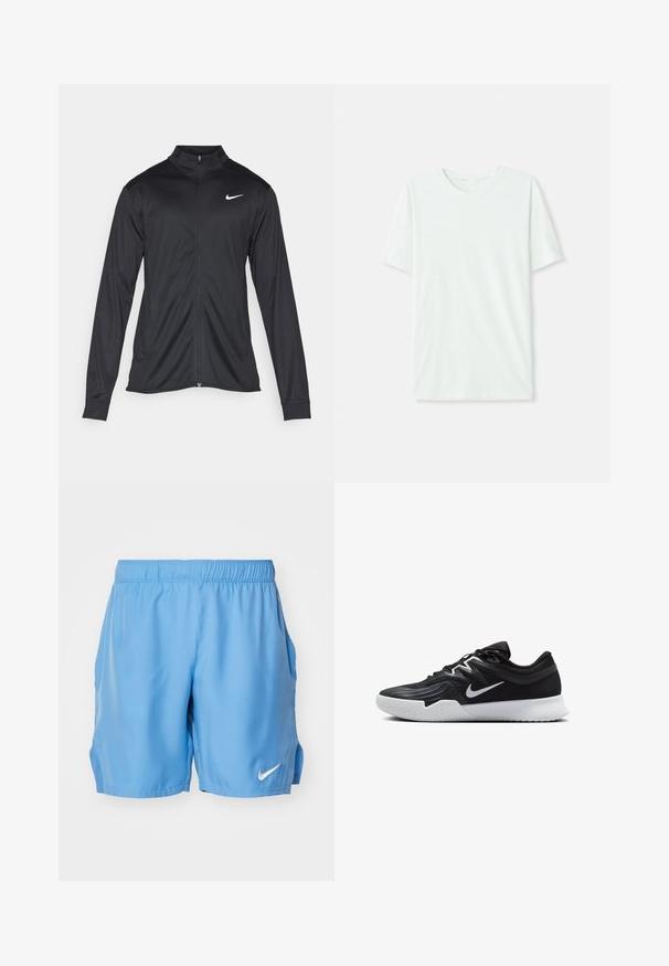 Black athletic jacket with long sleeves, collar, and full zipper. Features a subtle Nike logo in white on the upper left chest. Smooth texture.; Light mint green short-sleeve t-shirt made of soft fabric. Features a crew neckline and a simple, straight cut without embellishments.; Light blue athletic shorts with an elastic waistband, side pockets, and a small white Nike logo on the lower right front. Smooth fabric texture.; Black athletic shoe with a textured upper, white Nike swoosh, and a white rubber outsole. Features a lace-up design and dynamic shape.