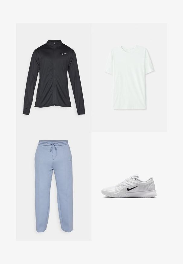 Černá sportovní bunda s dlouhými rukávy, límcem a plným zipem. Má decentní bílou logo značky Nike na horní levé části hrudi. Hladká textura.; Světle máková zelená krátkosrstá tričko vyrobené z měkké tkaniny. Má kulatý výstřih a jednoduchý, rovný střih bez ozdob.; Světlé modré tepláky vyrobené z měkké tkaniny, s elastickým pasem na stažení a uvolněným střihem s taperovanými nohavicemi.; Bílá sportovní obuv s texturovaným síťovaným svrchním materiálem, černým logem Nike, polstrovaným límcem a gumovou podrážkou s vzorkem na běhání.