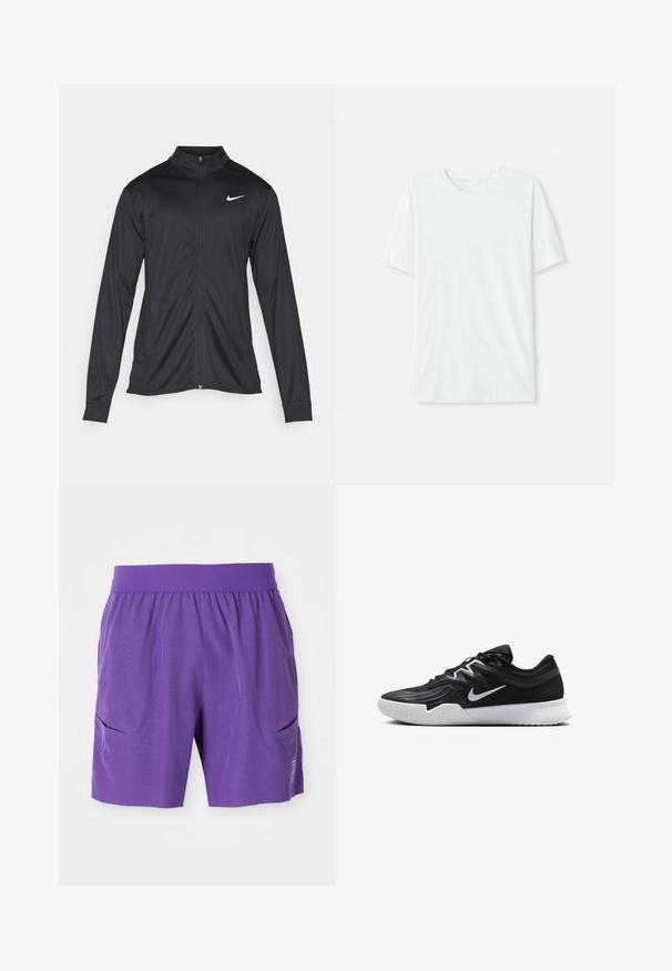 Crna sportska jakna s dugim rukavima, ovratnikom i punim patentnim zatvaračem. Ima suptilan Nike logo u bijeloj boji na gornjem lijevom dijelu prsne oznake. Glatka tekstura.; Svijetlo mint zelena majica kratkih rukava izrađena od mekog materijala. Ima okrugli vrat i jednostavan, ravni kroj bez ukrasa.; Ljubičaste atletske kratke hlače s elastičnom trakom u struku, dva bočna džepa i glatkom teksturom. Jednostavan dizajn s logotipom na donjem prednjem dijelu.; Crna sportska cipela s teksturiranim gornjim dijelom, bijelim Nike swooshom i bijelim gumennim potplatom. Ima dizajn s vezanjem i dinamičan oblik.