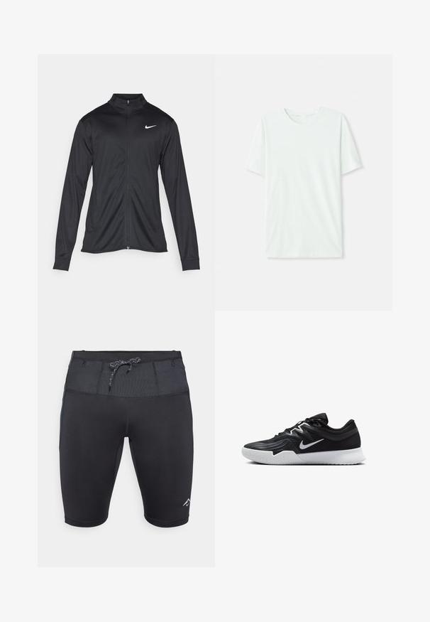 Jachetă sportivă neagră cu mâneci lungi, guler și fermoar complet. Prezintă un logo Nike subtil, alb, pe pieptul din stânga sus. Textură netedă.; Tricou scurt, de culoare verde mentă, din țesătură moale. Are un gât rotund și o croială simplă, dreaptă, fără embellishments.; Pantaloni scurți sport negri cu un design ajustat, caracterizându-se printr-un brâu texturat, șnur reglabil și un logo subtil pe partea inferioară a piciorului.; Pantof sport negru cu un superior texturat, swoosh alb Nike și o tălpică din cauciuc alb. Dispune de un design cu șireturi și o formă dinamică.