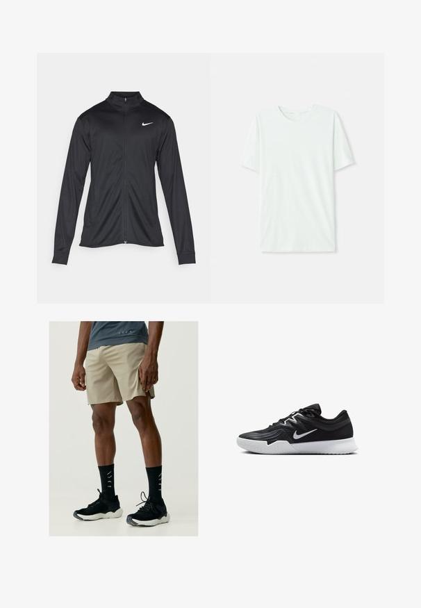 Juodas sportinis švarkas su ilgomis rankovėmis, apykakle ir pilnu užtrauktuku. Yra subtilus baltas Nike logotipas kairėje krūtinės pusėje. Lygus tekstūra.; Šviesiai mėtos žalios spalvos trumpų rankovių marškinėliai, pagaminti iš minkštos medžiagos. Turi apvalią iškirptę ir paprastą tiesų siluetą be dekoro.; Born Living Yoga Sportiniai šortai - beige; Juodos sportinės bateliai su tekstūruota viršutine dalimi, balta Nike swoosh ir balta gumine išorine dalimi. Yra su raištelių užsegimo dizainu ir dinamine forma.