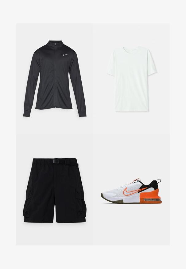 Svart idrottsjacka med långa ärmar, krage och full dragkedja. Har en diskret Nike-logga i vitt på övre vänstra bröstet. Slät yta.; Ljus mintgrön t-shirt med kort ärm gjord av mjukt tyg. Har rundad halsringning och en enkel, rak passform utan utsmyckningar.; Svarta cargoshorts med elastisk midja, justerbart bälte och två sidofickor med en texturerad tygfinish.; Vit sportskor med en texturerad mesh-övre, svarta och orange accenter, en tjock gummisula och en klar luftkudde-del vid hälen.