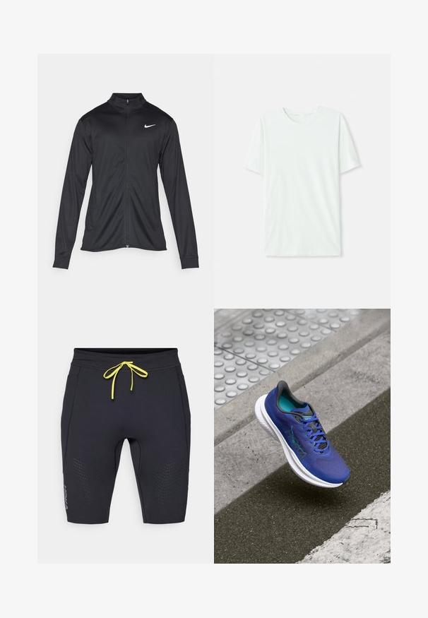 Svart idrottsjacka med långa ärmar, krage och full dragkedja. Har en diskret Nike-logga i vitt på övre vänstra bröstet. Slät yta.; Ljus mintgrön t-shirt med kort ärm gjord av mjukt tyg. Har rundad halsringning och en enkel, rak passform utan utsmyckningar.; Svarta atletiska shorts med en tight design. Har gul dragsko, perforerade detaljer på sidorna och HOKA-logotyp nära fållen.; Blå löparsko med texturerad ovandel och meshdetaljer, vit mellansula och svarta accenter. Snördesign med framträdande logotyp.