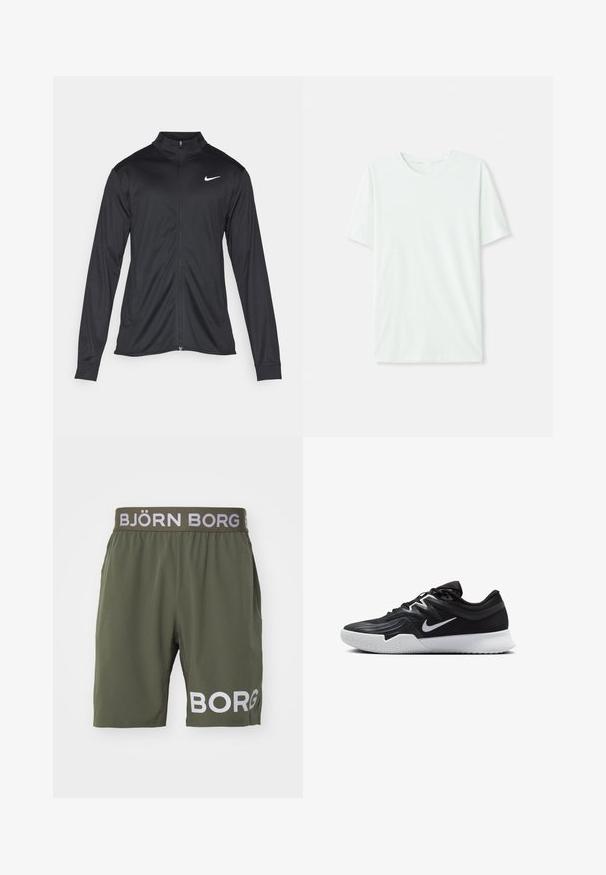 Čierna športová bunda s dlhými rukávmi, golierom a plným zipsom. Obsahuje nenápadné logo Nike v bielej farbe na hornej ľavej hrudi. Hladká textúra.; Svetlo mentolová kráťacia tričko s krátkym rukávom vyrobené z jemnej látky. Má okrúhly výstrih a jednoduchý, rovný strih bez ozdôb.; Björn Borg SHORTS - Športové šortky - kalamata; Čierna športová topánka s textúrovaným zvrškom, bielym logom Nike a bielou gumovou podrážkou. Má šnurovací dizajn a dynamický tvar.