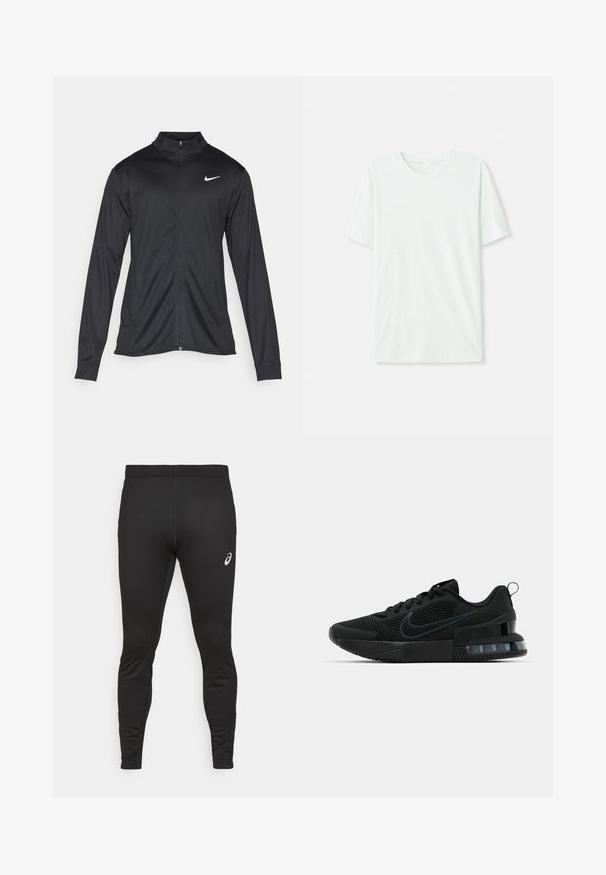 Jachetă sportivă neagră cu mâneci lungi, guler și fermoar complet. Prezintă un logo Nike subtil, alb, pe pieptul din stânga sus. Textură netedă.; Tricou scurt, de culoare verde mentă, din țesătură moale. Are un gât rotund și o croială simplă, dreaptă, fără embellishments.; Colanți sport negri, confecționați dintr-un material elastic, cu o siluetă ajustată, textură netedă și un mic logo alb pe coapsă.; Pantofii atletici negri Nike au un superior din plasă, talpă din cauciuc, guler căptușit și un accent distinct transparent în călcâi.