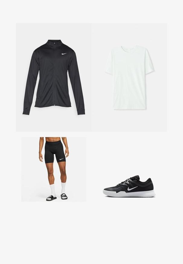 Giacca sportiva nera con maniche lunghe, colletto e zip completa. Presenta un logo Nike in bianco sulla parte superiore del lato sinistro del petto. Tessuto morbido.; T-shirt corto a maniche corte di un leggero verde menta, realizzato in tessuto morbido. Presenta un colletto a girocollo e una silhouette semplice e dritta senza decorazioni.; Pantaloni sportivi neri con una vestibilità aderente, caratterizzati da un logo Nike bianco a forma di swoosh sulla coscia sinistra e una cintura elastica liscia.; Scarpa sportiva nera con tomaia testurizzata, logo Nike swoosh bianco e suola in gomma bianca. Presenta un design con lacci e una forma dinamica.