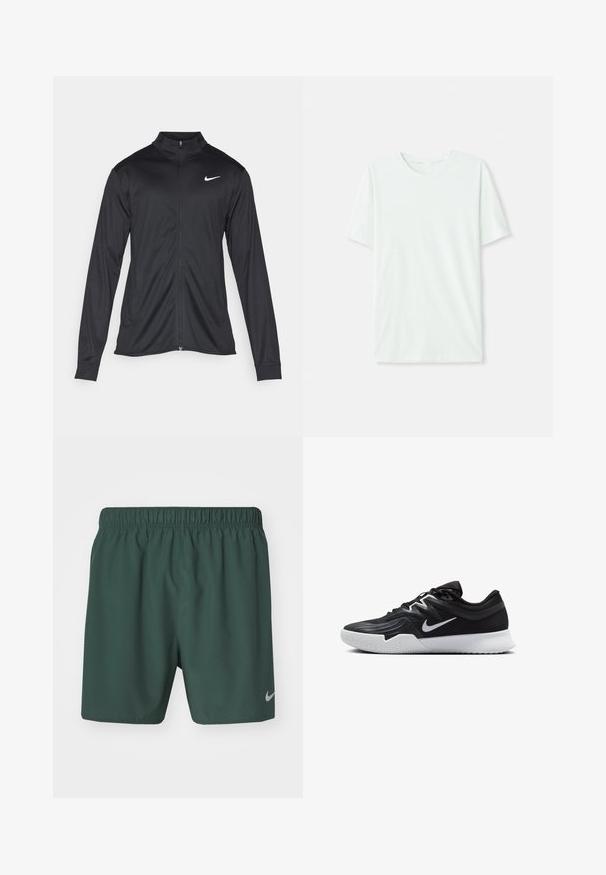 Must värvi sportlik jakk pikkade varrukatega, krae ja täispikk tõmblukk. Ülemises vasakus rinnas on diskreetne valge Nike logo. Sile tekstuur.; Heleheline mintroheline lühikeste varrukatega t-särk, mis on valmistatud pehmest kangast. Omab ümmargust kaelust ja lihtsat, sirget lõiget ilma kaunistusteta.; Nike Performance CHALLENGER SHORT - Spordišortsid - vintage green/bicoastal/black/silver; Must mustad jalanikesad rikaste ülaservaga, valge Nike swoosh'i ja valge kummist välispõhjaga. Omab paeltega sulgemisdetaili ja dünaamilist kuju.