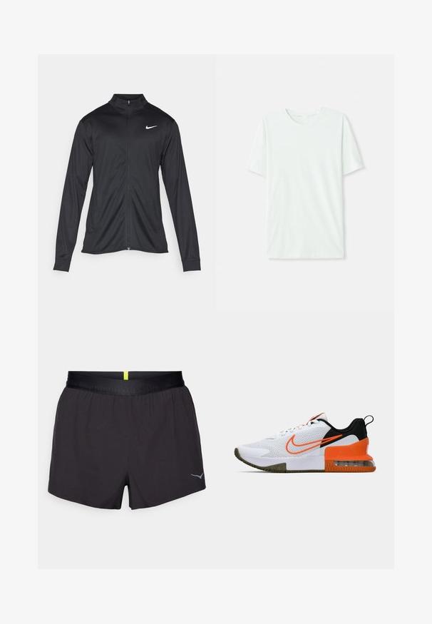 Czarna sportowa kurtka z długimi rękawami, kołnierzem i pełnym zamkiem. Posiada subtelne logo Nike w białym kolorze na lewej górnej części klatki piersiowej. Gładka tekstura.; Jasno miętowa koszulka z krótkim rękawem, wykonana z miękkiego materiału. Posiada okrągły dekolt oraz prosty krój bez zdobień.; Czarne szorty sportowe o satynowym wykończeniu, z elastycznym pasem i odblaskowym logo w dolnym prawym rogu. Prosty design, lekki materiał.; Białe sportowe buty z teksturowaną siateczką, czarnymi i pomarańczowymi akcentami, grubą gumową podeszwą oraz przezroczystą poduszką powietrzną w części piętowej.