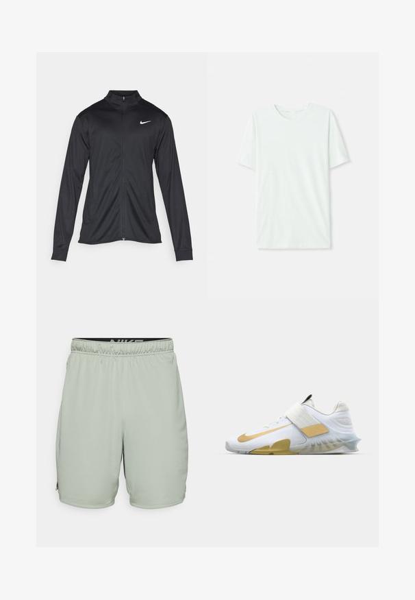 Melna sporta jaka ar garām piedurknēm, apkakli un pilnu rāvējslēdzēju. Uz kreisā krūts augšdaļas ir maigs Nike logo baltā krāsā. Gluda tekstūra.; Gai mints zaļš īsu piedurkņu T-krekls, izgatavots no mīkstas auduma. Tam ir apaļa kakla izgriezuma forma un vienkāršs, taisns griezums bez rotājumiem.; Nike Performance TOTALITY - Sporta šorti - jade horizon/black; Baltas sporta apavi ar zelta akcentiem, teksturēts acs augšdaļa, polsterēts apkakle un caurspīdīga gumijas zole; satur plašu siksnu pāri vidus pēdai.