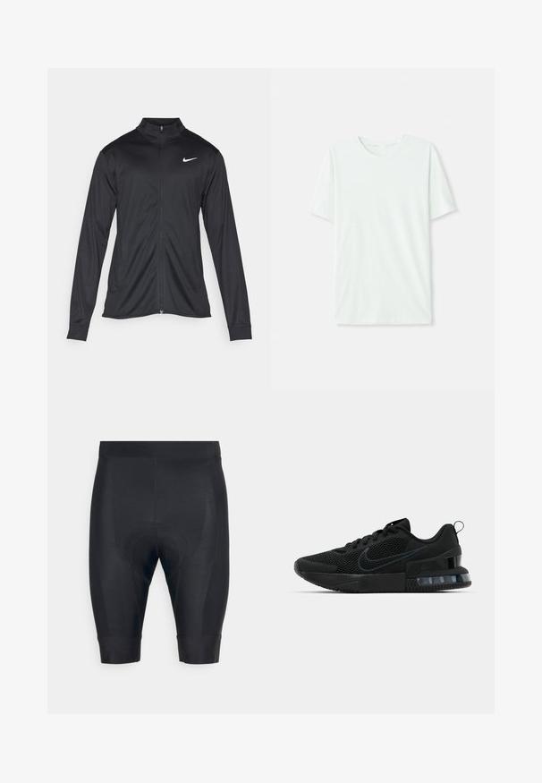 Juodas sportinis švarkas su ilgomis rankovėmis, apykakle ir pilnu užtrauktuku. Yra subtilus baltas Nike logotipas kairėje krūtinės pusėje. Lygus tekstūra.; Šviesiai mėtos žalios spalvos trumpų rankovių marškinėliai, pagaminti iš minkštos medžiagos. Turi apvalią iškirptę ir paprastą tiesų siluetą be dekoro.; Rapha MENS CORE - Tamprės - anthracite; Juodas Nike sportinis batas su tinklo viršumi, guminėmis padais, paminkštintu apykakle ir išskirtiniu skaidriu kulno akcentu.