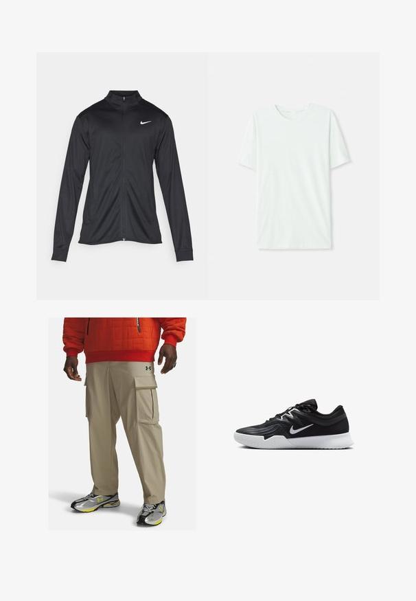 Juodas sportinis švarkas su ilgomis rankovėmis, apykakle ir pilnu užtrauktuku. Yra subtilus baltas Nike logotipas kairėje krūtinės pusėje. Lygus tekstūra.; Šviesiai mėtos žalios spalvos trumpų rankovių marškinėliai, pagaminti iš minkštos medžiagos. Turi apvalią iškirptę ir paprastą tiesų siluetą be dekoro.; Kreminės spalvos krovininės kelnės su šoninėmis kišenėmis, lengvos medžiagos ir prigludusia forma. Poruojama su juodais ir sidabriniais sportiniais batais, turinčiais geltonų akcentų.; Juodos sportinės bateliai su tekstūruota viršutine dalimi, balta Nike swoosh ir balta gumine išorine dalimi. Yra su raištelių užsegimo dizainu ir dinamine forma.
