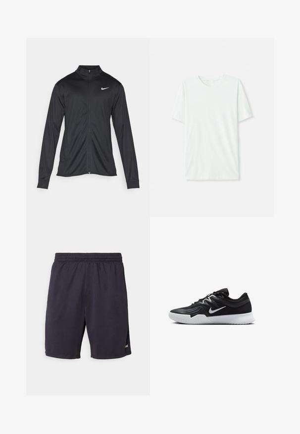 Chaqueta atlética negra con mangas largas, collar y cremallera completa. Presenta un sutil logo de Nike en blanco en la parte superior izquierda del pecho. Textura suave.; Camiseta de manga corta en verde menta claro, hecha de tela suave. Presenta un cuello redondo y un corte recto simple, sin adornos.; Pantalones cortos marinos fabricados con una tela ligera, con una cinturilla elástica, que presentan un sutil brillo y aberturas laterales para mayor libertad de movimiento.; Zapatilla deportiva negra con parte superior texturizada, logo de Nike en blanco y suela de goma blanca. Tiene un diseño con cordones y una forma dinámica.
