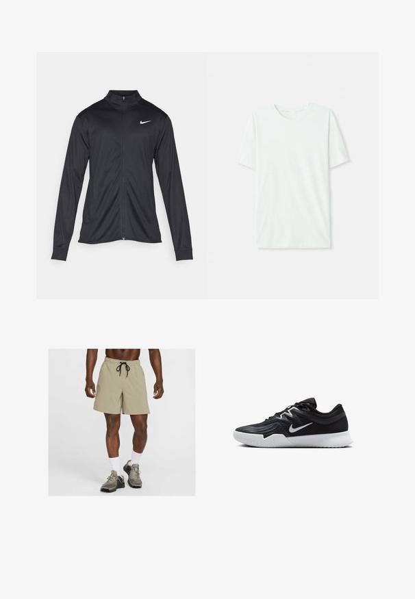 Černá sportovní bunda s dlouhými rukávy, límcem a plným zipem. Má decentní bílou logo značky Nike na horní levé části hrudi. Hladká textura.; Světle máková zelená krátkosrstá tričko vyrobené z měkké tkaniny. Má kulatý výstřih a jednoduchý, rovný střih bez ozdob.; Béžové sportovní šortky s elastickým pasem a černou šňůrkou. Dvě boční kapsy a malé logo na levé noze.; Černá atletická bota s texturovaným svrškem, bílým logem Nike a bílou gumovou podrážkou. Disponuje šněrovacím designem a dynamickým tvarem.