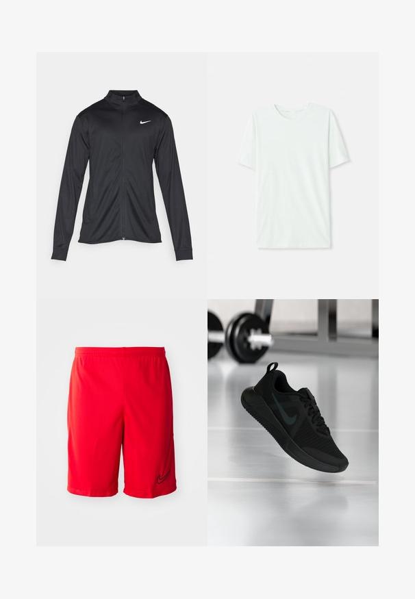 Čierna športová bunda s dlhými rukávmi, golierom a plným zipsom. Obsahuje nenápadné logo Nike v bielej farbe na hornej ľavej hrudi. Hladká textúra.; Svetlo mentolová kráťacia tričko s krátkym rukávom vyrobené z jemnej látky. Má okrúhly výstrih a jednoduchý, rovný strih bez ozdôb.; Červené športové šortky vyrobené z ľahkej tkaniny, s čiernym logom, elastickým pásom a bočnými ventilačnými otvormi pre lepšiu prúdenie vzduchu.; Čierna atletická obuv s textúrovaným sieťovým vrchom, gumovou podrážkou a výrazným tmavým logom Swoosh. Má polstrovaný golier a šnurovací dizajn.