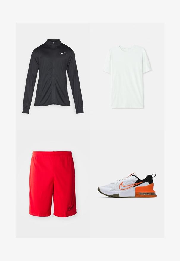 Chaqueta atlética negra con mangas largas, collar y cremallera completa. Presenta un sutil logo de Nike en blanco en la parte superior izquierda del pecho. Textura suave.; Camiseta de manga corta en verde menta claro, hecha de tela suave. Presenta un cuello redondo y un corte recto simple, sin adornos.; Pantalones cortos deportivos rojos hechos de tela ligera, con un acento de logo negro, cinturilla elástica y ventilaciones laterales para mejorar el flujo de aire.; Zapatilla deportiva blanca con parte superior de malla texturizada, acentos en negro y naranja, suela de goma gruesa y una sección de cojín de aire transparente en el talón.