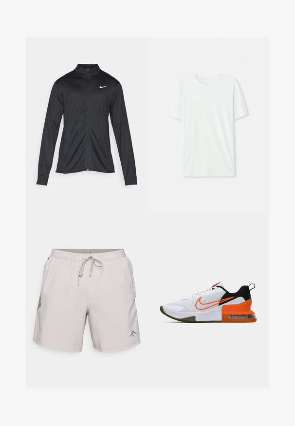 Zwarte sportjack met lange mouwen, kraag en volle rits. Voorzien van een subtiele Nike-logo in het wit op de bovenste linkerborst. Soepele textuur.; Licht mintgroen T-shirt met korte mouwen, gemaakt van zachte stof. Het heeft een ronde halslijn en een simpele, rechte snit zonder versieringen.; Lichtgrijze zwembroek met een textuur aan de zijkant, elastische tailleband, trekkoordsluiting en een klein blauw logo aan de voorkant.; Witte sportieve schoen met een gestructureerde mesh bovenkant, zwarte en oranje accenten, een dikke rubberen zool en een doorzichtige luchtkussensectie bij de hak.
