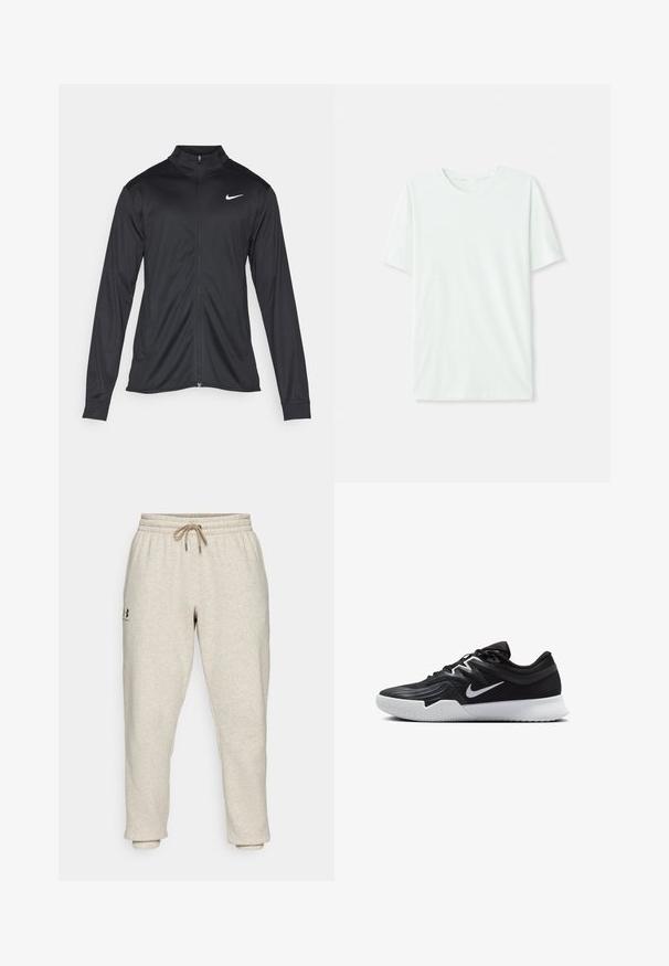 Μαύρο αθλητικό μπουφάν με μακριά μανίκια, γιακά και πλήρη φερμουάρ. Διαθέτει ένα διακριτικό λευκό λογότυπο της Nike στη πάνω αριστερή πλευρά του στήθους. Λείος υφασμάτινος χαρακτήρας.; Φωτεινό μέντα πράσινο κοντομάνικο μπλουζάκι από μαλακό ύφασμα. Διαθέτει στρογγυλή λαιμόκοψη και απλή, ευθεία γραμμή χωρίς διακοσμήσεις.; Μπεζ φόρμες από μαλακό, υφασμάτινο ύφασμα με ελαστική μέση και κορδόνι. Διαθέτουν πλευρικό λογότυπο και στενές γάμπες για άνετη εφαρμογή.; Μαύρο αθλητικό παπούτσι με υφή στο επάνω μέρος, λευκό σήμα Nike και λευκή καουτσούκ σόλα. Διαθέτει σχέδιο με κορδόνια και δυναμικό σχήμα.